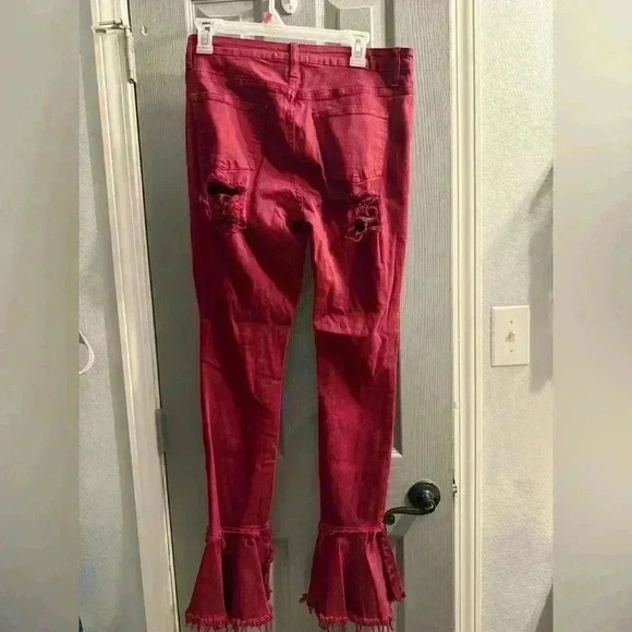 Aphrodite distressed flare leg with raw hem high waisted jeans in burgundy Junio - Picture 5 of 9